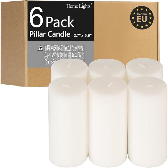 HomeLights Pillar Candles - 2.7x6 inch | 60 Hours Burning, 6 Count - White Unscented Smokeless European Pillar Candles - Perfect for Wedding, Parties, Spas, Home Gatherings and Dinner