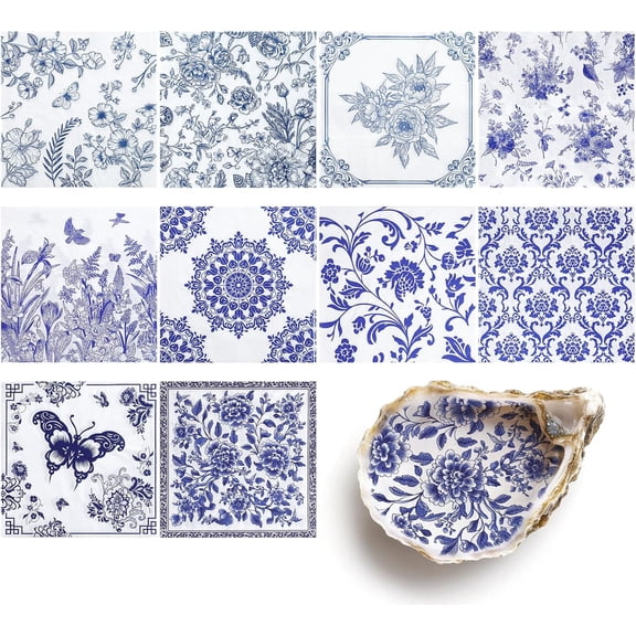 HomeMate 30 Pack Decoupage Napkins, 10 Styles Blue and White Floral Paper Napkins | Chinoiserie Decorative Decoupage Napkin Printed Cocktail Paper for Summer DIY Crafting Birthday Party Baby Shower