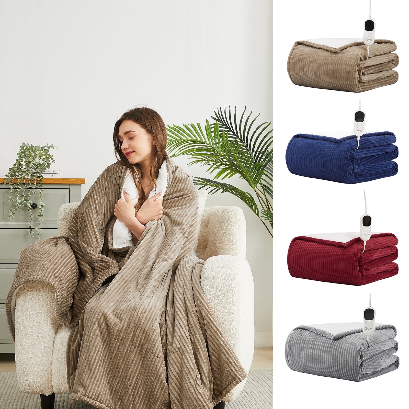 HomeMate Electric Heated Throw Blanket, Flannel & Sherpa Cozy Soft Electric Throw with 5 Heat Settings & 4 Hours Auto -Off, 50x60 Inch, Beige