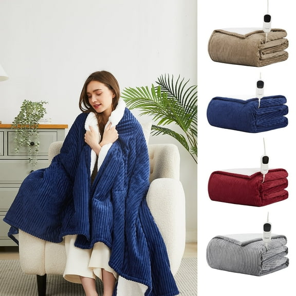 HomeMate Electric Heated Throw Blanket, Flannel & Sherpa Cozy Soft Electric Throw with 5 Heat Settings & 4 Hours Auto -Off, 50x60 Inch, Blue