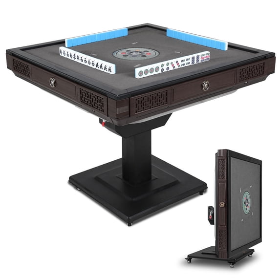 HomeMiYN Automatic Mahjong Table Foldable with Wheels,Roller Coaster Style Quiet Shuffling,with 42mm 152 Numbered Magnetic Tiles,for Domino Game,Suitable for Americans,Chinese,Filipinos,Brown