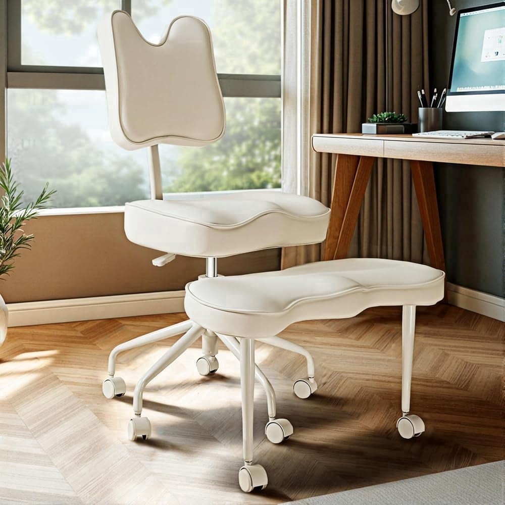 HomeMiYN Cross Legged Meditation Chair with Wheels, ADHD Office Chair, PU Leather Yoga Kneeling Chair with Adjustable Backrest, White