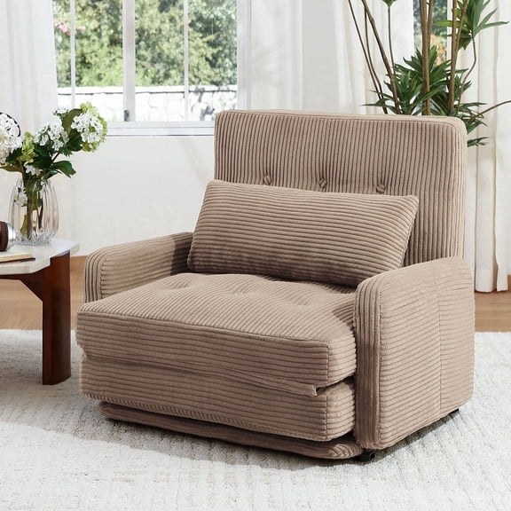 HomeMiYN Folding Sofa Bed, Convertible Lazy Sleeper Chair with Pillow, 5-Adjustable Position Back Support for Living Room & Bedroom, Khaki