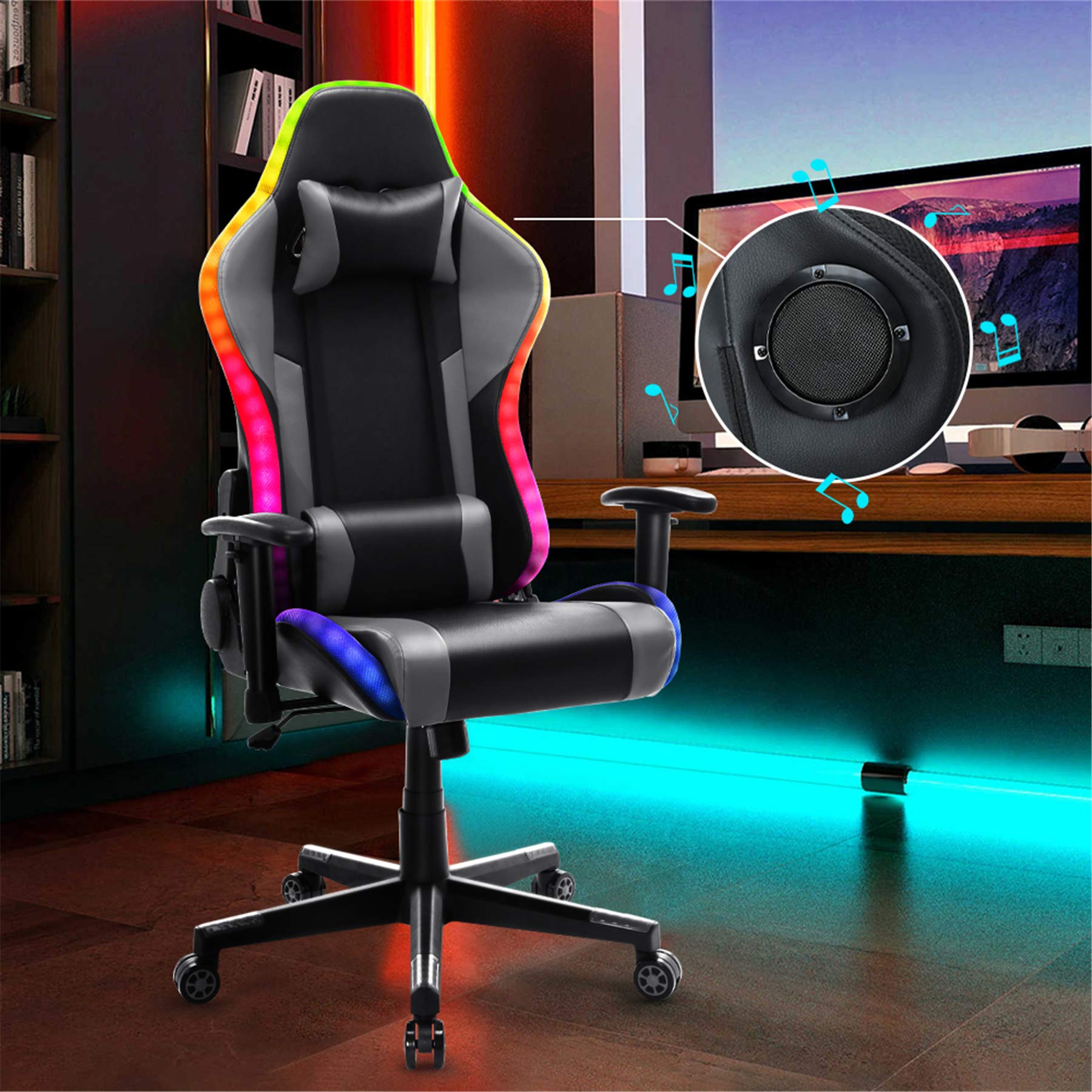 HomeMiYN Gaming Chair with Speakers Video and RGB LED Lights, Gray PU