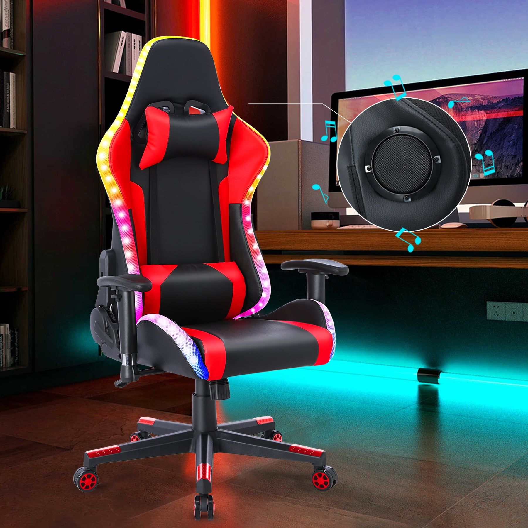 HomeMiYN Gaming Chair with Speakers Video and RGB LED Lights, Red PU
