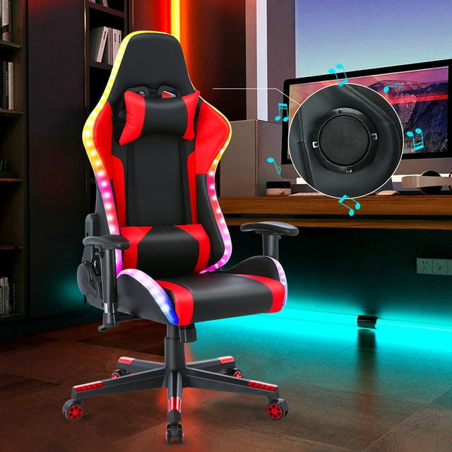HomeMiYN Gaming Chair with Speakers Video and RGB LED Lights, Red PU ...