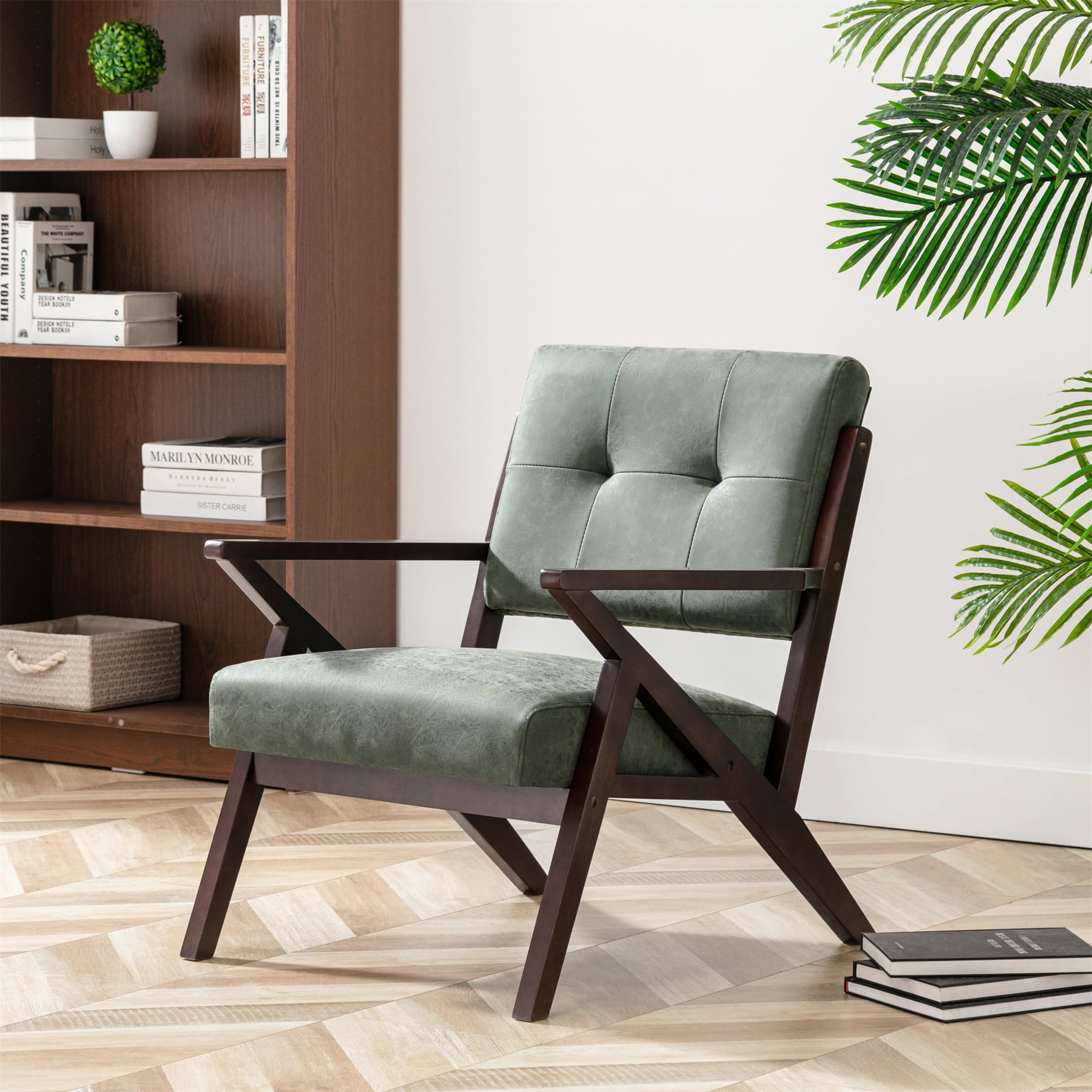 HomeMiYN Green Accent Chair Mid Century PU Leather Armchair with Solid Hardwood Z Frame
