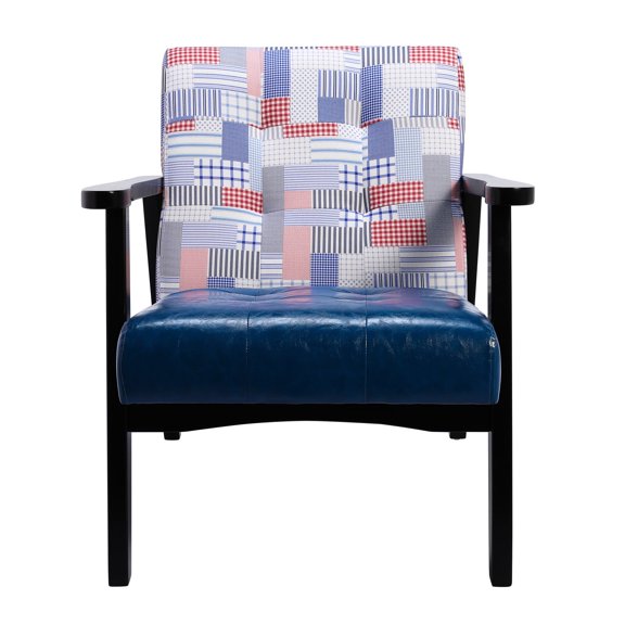 HomeMiYN Mid Century Modern Accent Chair with Wooden Frame, Faux Leather Reading Armchair for Living Room, Floral Print Faux Linen Back, Blue/Patchwork