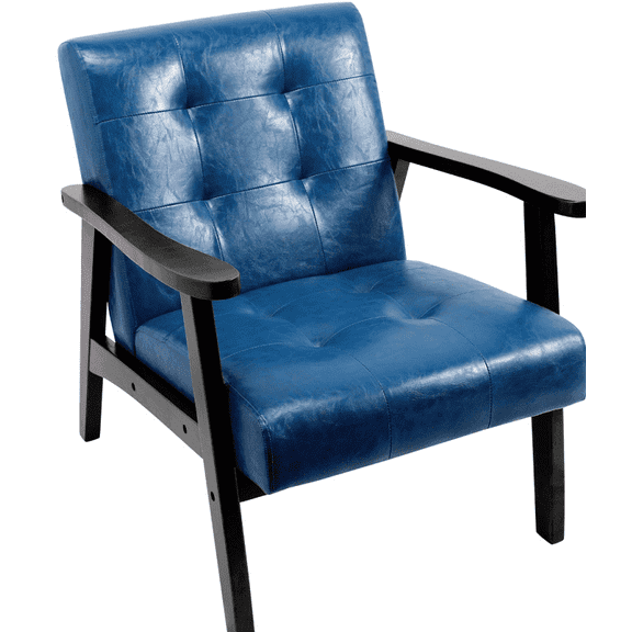 HomeMiYN Mid Century Modern Accent Chair with Wooden Frame, Faux Leather Reading Armchair for Living Room, Dark Blue