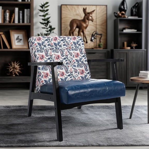 HomeMiYN Mid Century Modern Accent Chair with Wooden Frame, Faux Leather Reading Armchair for Living Room, Floral Print Faux Linen Back, Blue