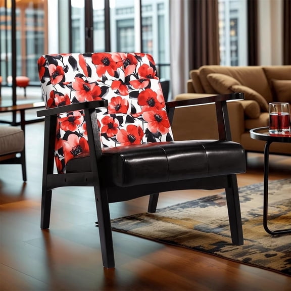 HomeMiYN Mid Century Modern Accent Chair with Wooden Frame, Faux Leather Reading Armchair for Living Room, Floral Print Faux Linen Back, Red/Black