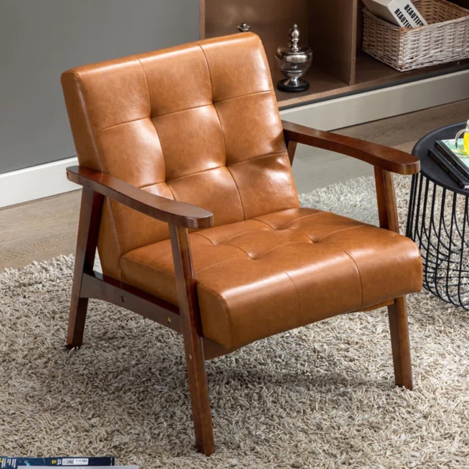 HomeMiYN Mid Century Modern Style Accent Chair Leather Armchair for Bedroom Living Room Caramel