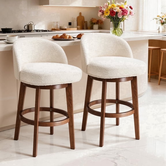 HomeMiYN Modern Swivel Counter Stool with Round Base Beige Boucle Fabric Upholstered Barstool Set of 2 with Solid Wood Legs