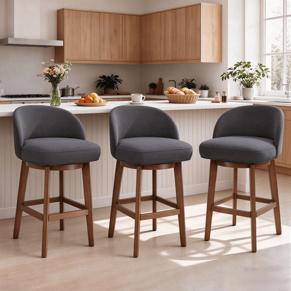 HomeMiYN Modern Swivel Counter Stool with Square Base Gray Faux Linen Upholstered Barstool Set of 2 with Solid Wood Legs
