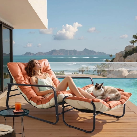 HomeMiYN Outdoor Lounge Chair with Ottoman 4in Double Sided Soft Cushion, Orange