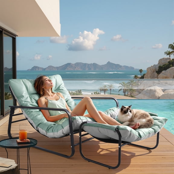 HomeMiYN Outdoor Lounge Chair with Ottoman 4in Double Sided Soft Cushion, Blue