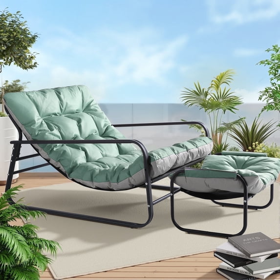 HomeMiYN Patio Outdoor Lounge Chair with Footstool,Oversized Comfy Recliner Chair,Support 500lbs with Extra Thick Puffy Cushion,Modern Outside Furniture Set for Backyard,Porch,Poolside,Teal Blue/Grey