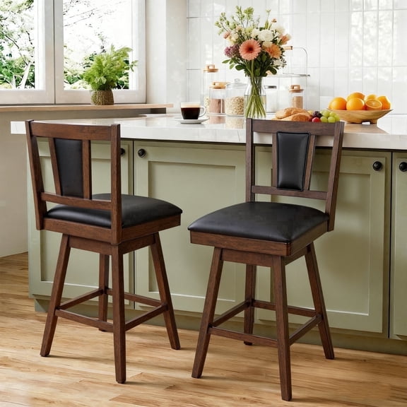 HomeMiYN Transitional Swivel Counter Stool with Upholstered PU Back and Black PU Leather Square Seat Set of 2 Dark Wood Barstools