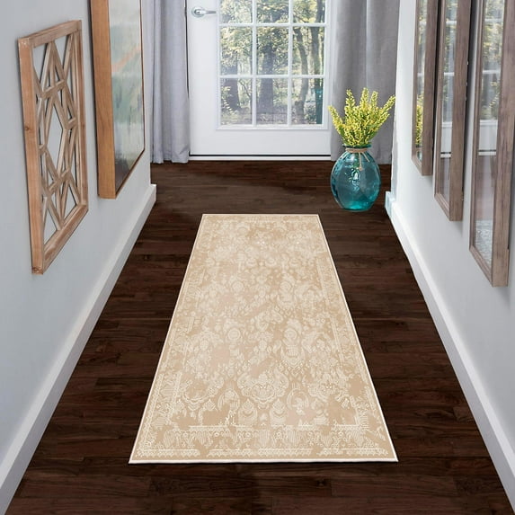 HomeNette Machine Washable Rug 80x150 cm, Non Slip, Stain Resistant, Beige Rugs for Living Room, Bedroom, Bathroom, Kitchen, Decorative Modern Cotton Boho Patterned Tokyo Collection Area Rugs