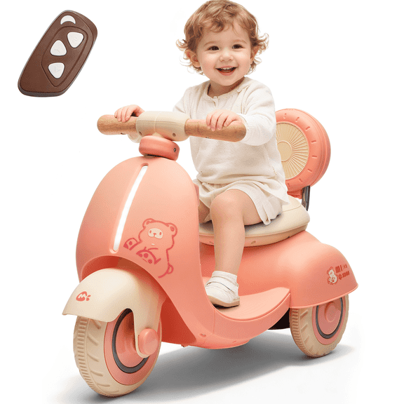 HomePerch 12V Kids Ride On Electric Motorcycle, 3-Wheel Toddler Scooter with Wooden Handle, Slow Start & Stop, Stable Ride On Toy for Boys Girls Age 1-3 Pink