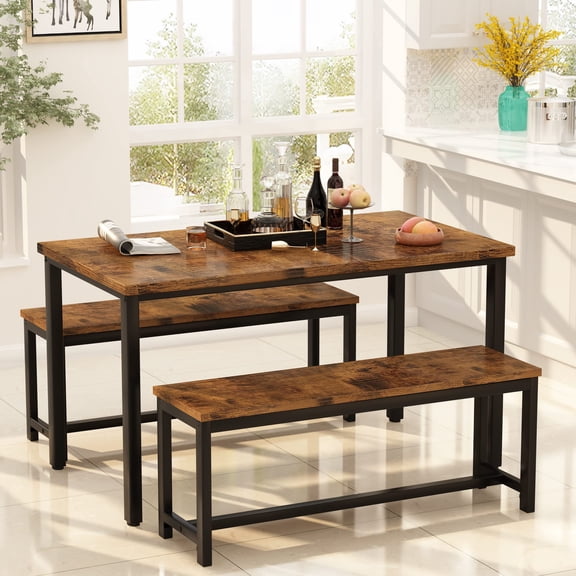 HomePerch 3-Piece Dining Table Set with 2 Benches, Space-Saving Bar Table for 4-6, Industrial Kitchen Table for Dining Room, Breakfast Nook, Apartment, Brown