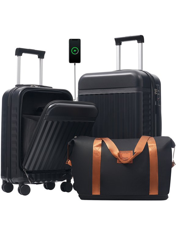 3 Piece Front Opening Luggage Set, 20 & 24 Inch Expandable Hardside Carry-On Suitcases with Travel Duffel Bag, USB Port, TSA Lock, Spinner Wheels, Lightweight Travel Luggage, Black