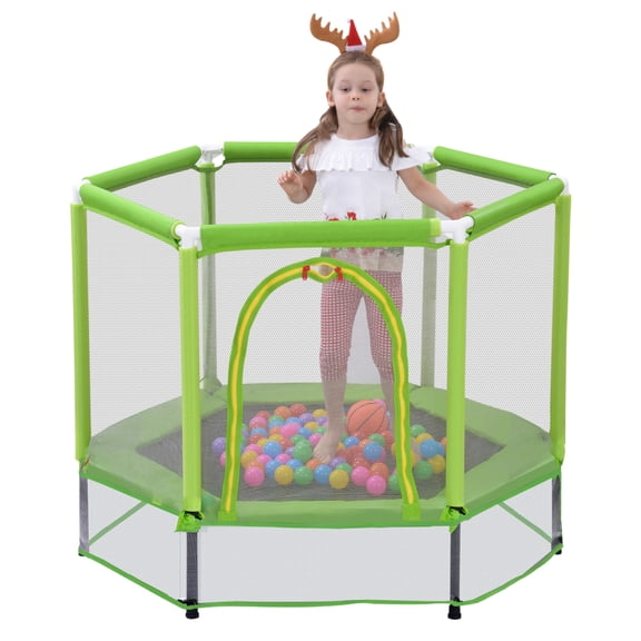 HomePerch 55'' Toddlers Trampoline with Safety Enclosure Net & Play Balls, Indoor Outdoor Mini Trampoline for Kids, Portable Square Design, Green