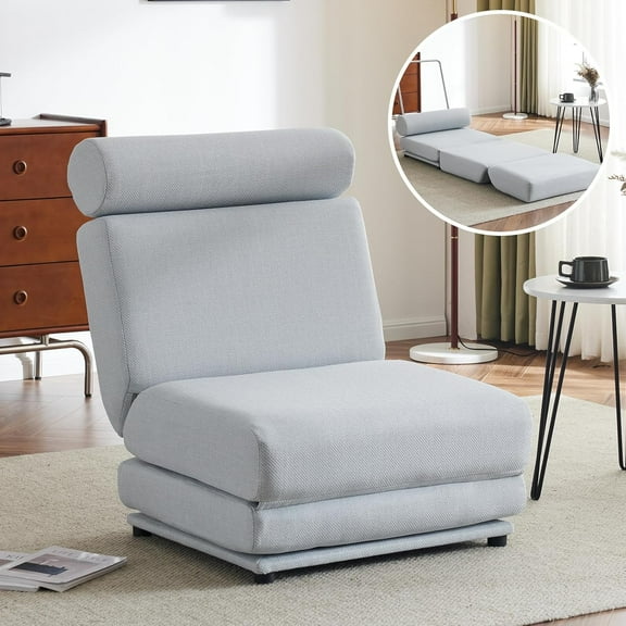 HomePerch Convertible Folding Sofa Bed with Pillow, Linen Upholstered Sleeper Chair, Adjustable Backrest Single Sofa Couch for Living Room, Bedroom, Office – Light Grey