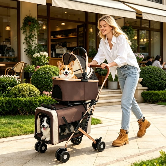 HomePerch Double Pet Stroller for Small & Medium Dogs and Cats, 3-in-1 Foldable Pet Stroller with Detachable Carrier, 4-Wheel Travel Cart, Safety Leashes, Khaki