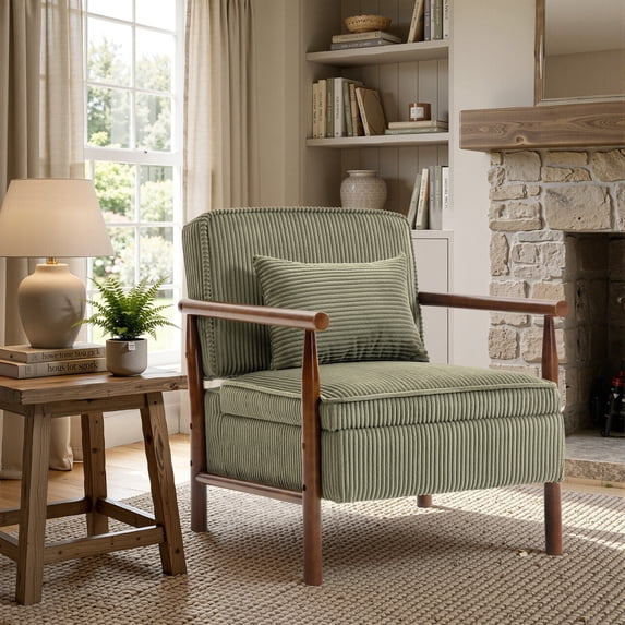 HomePerch Mid Century Corduroy Accent Chair with Hidden Storage, Upholstered Reading Armchair with Wood Frame & Lumbar Pillow for Living Room Bedroom, Cream Green