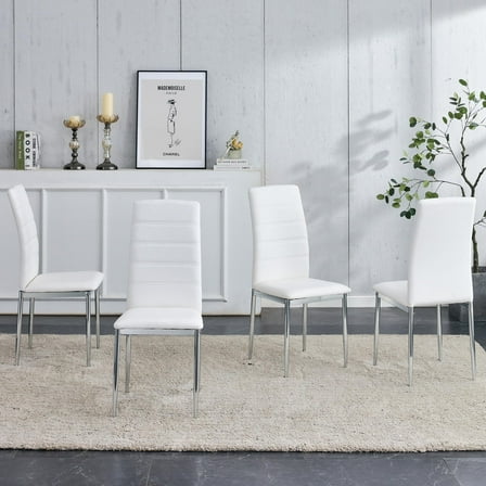 HomePerch Modern PU Leather Dining Chair Set of 4, White Upholstered Seat with Silver Chrome Legs, Kitchen & Dining Room Side Chairs