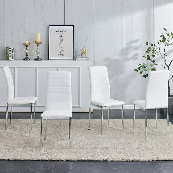 HomePerch Modern PU Leather Dining Chair Set of 4, White Upholstered Seat with Silver Chrome Legs, Kitchen & Dining Room Side Chairs