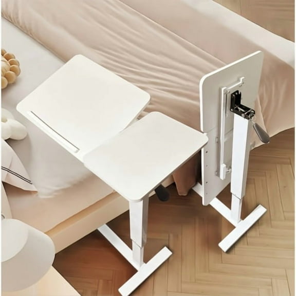 HomePerch Overbed Table with Wheels, Height Adjustable Rolling Laptop Desk for Bed or Sofa, Tilting Tray Table for Home Office, White Finish