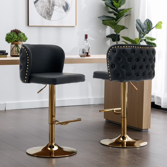 HomePerch Set of 2 Faux Leather Swivel Bar Stools with Adjustable Height, Wingback Tufted Backrest, and Gold Metal Legs for Kitchen Island or Dining Room
