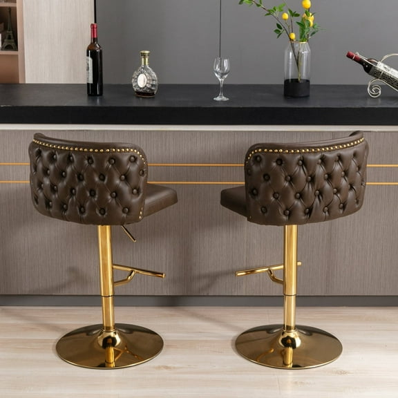 HomePerch Set of 2 Faux Leather Swivel Bar Stools with Adjustable Height, Wingback Tufted Backrest, and Gold Metal Legs for Kitchen Island or Dining Room