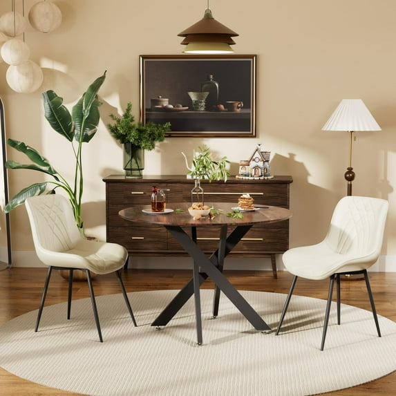 HomePerch Set of 2 Mid-Century Modern Faux Leather Upholstered Dining Chairs with Metal Legs, Ergonomic Padded Seat for Kitchen or Dining Room, Cream