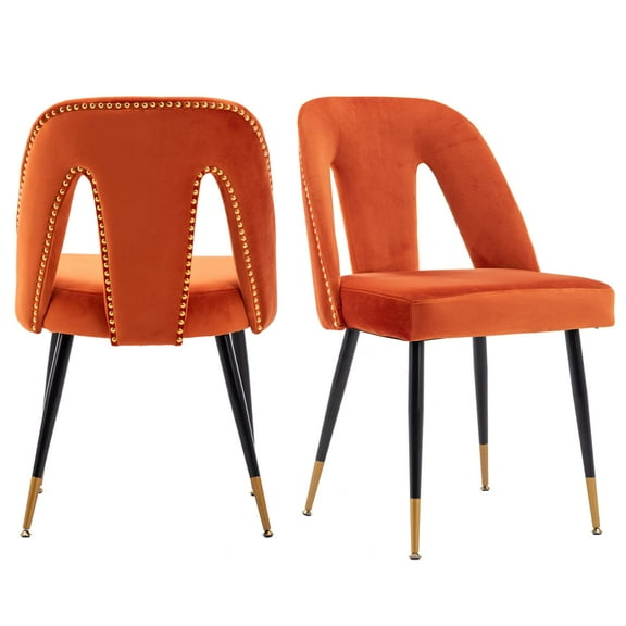 HomePerch Set of 2 Modern Velvet Dining Chairs, Upholstered Accent Side Chairs with Nailhead Trim & Gold Metal Legs – Orange