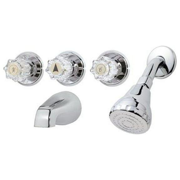 HomePointe 210525 Tub & Shower Faucet + Showerhead, 3 Acrylic Handles, Chrome - Quantity 3