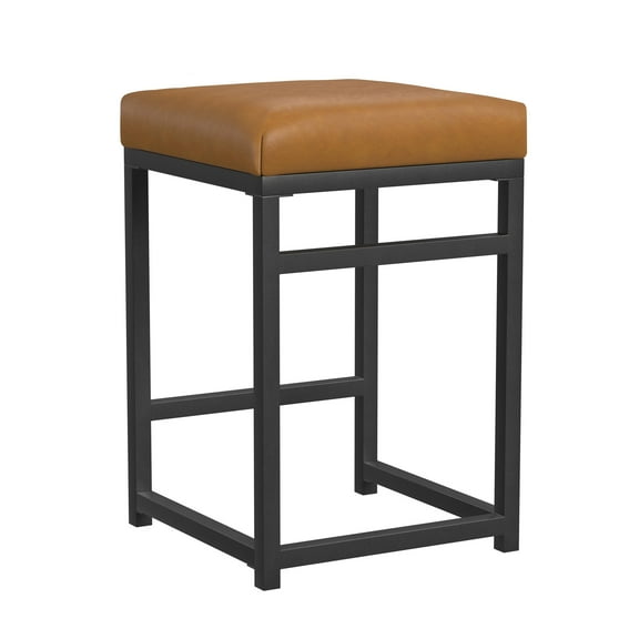 HomePop 24" Indoor Square Backless Metal Upholstered Counter Stool, Carmel Faux Leather