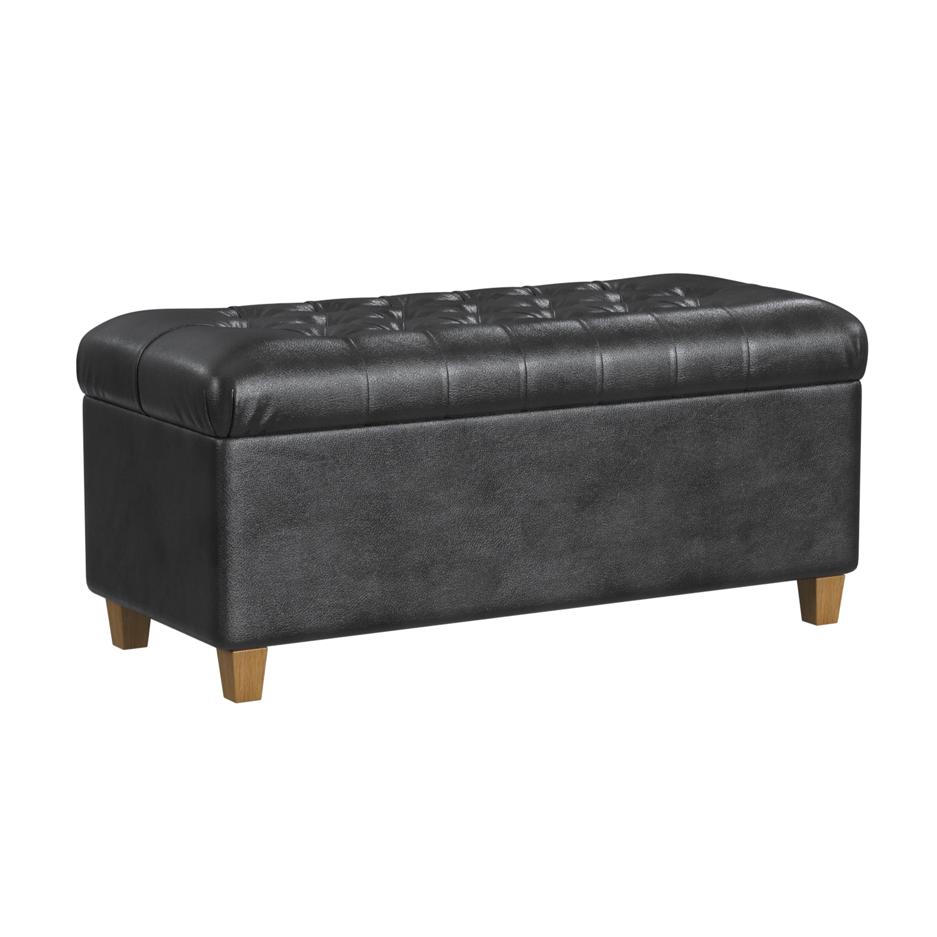 Black Faux Leather Tufted Storage Cocktail Bench with Oak Legs