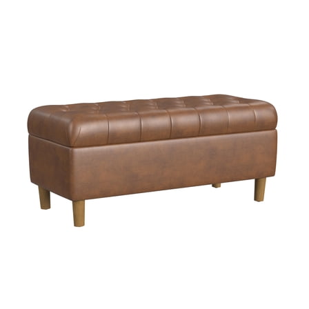 HomePop Button Tufted Storage Bench, 40"W x 18"D x 18"H, Brown Faux Leather