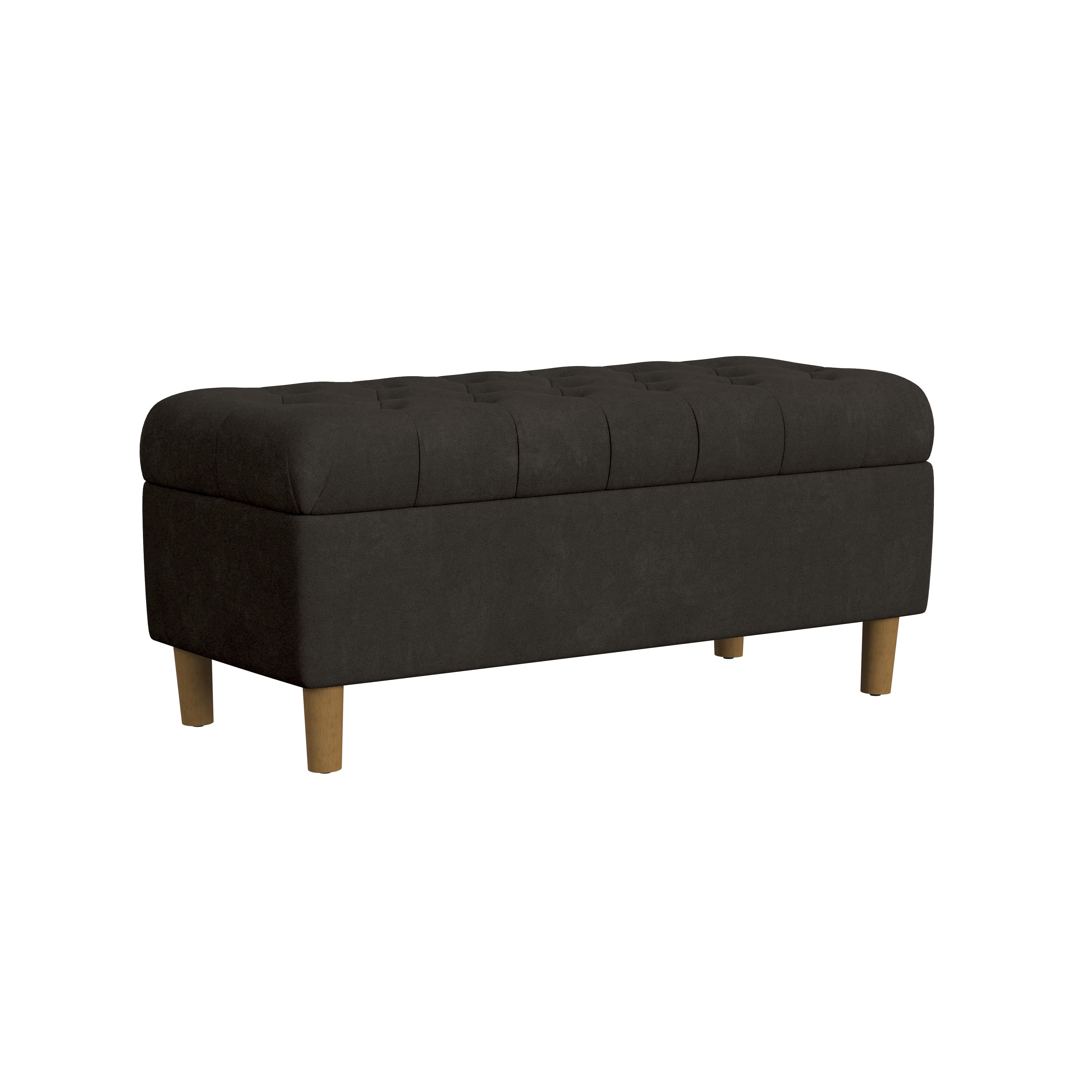 Chocolate Brown Velvet Tufted Storage Bench with Honey Oak Legs