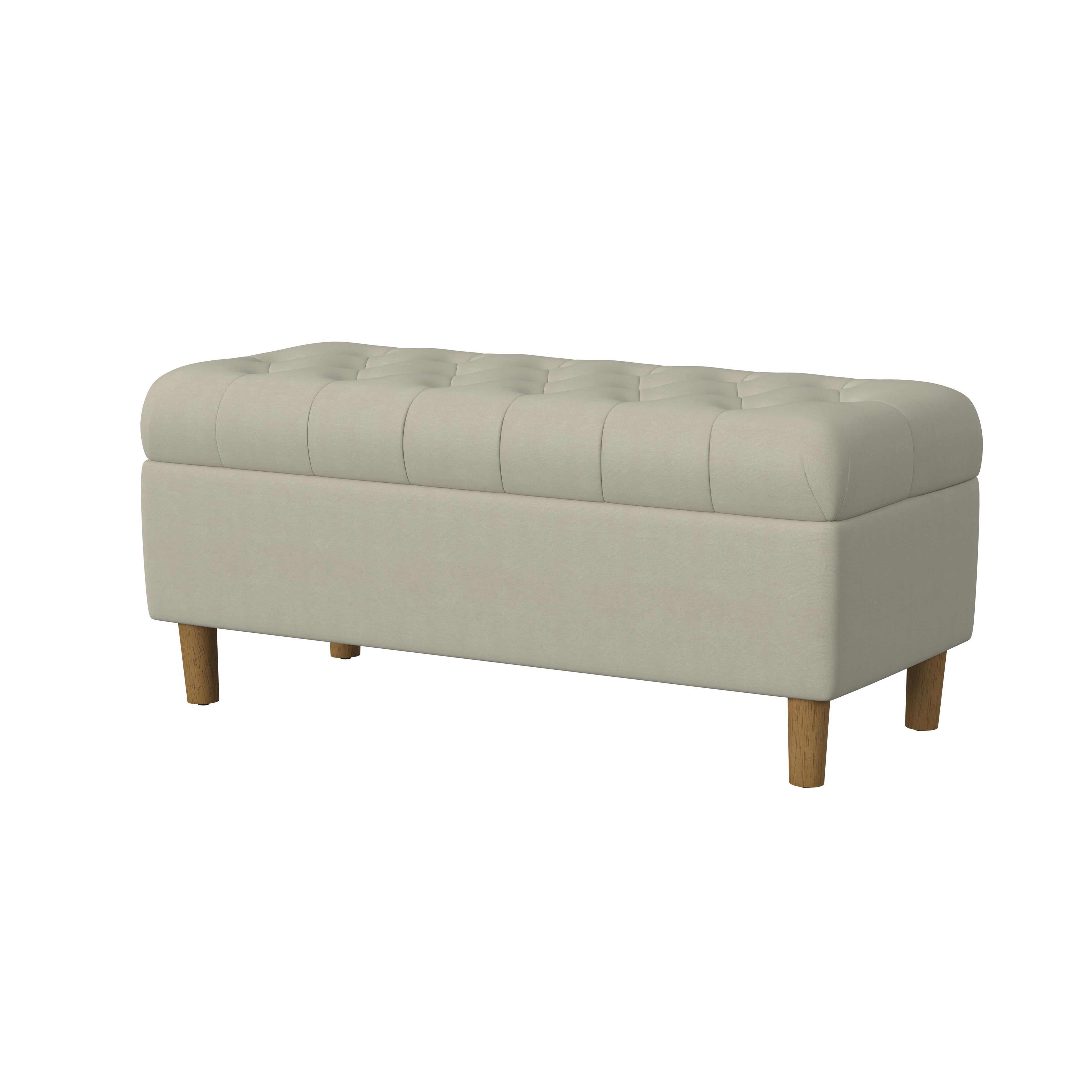 Fawn Velvet Tufted Storage Bench with Honey Oak Legs