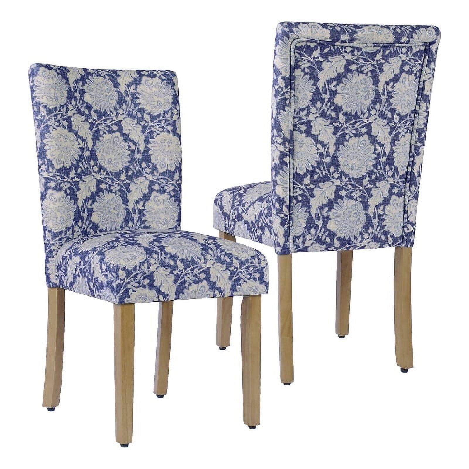 Blue Floral Upholstered Parsons Side Chair with Wood Legs, Set of 2