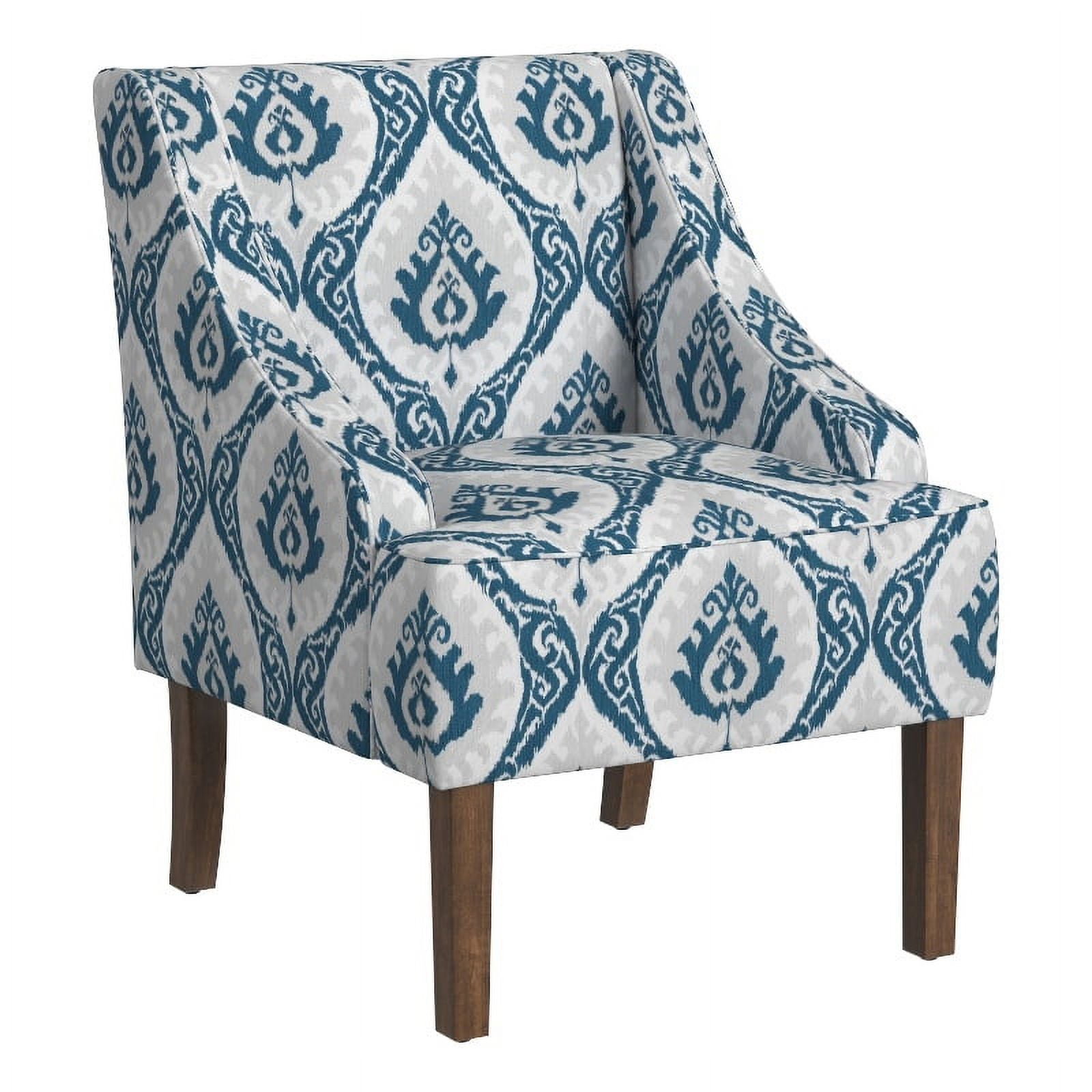 Blue Ikat Medallion Print Swoop Arm Accent Chair with Wood Legs