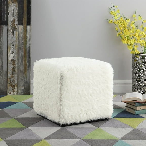 HomePop Cube Ottoman, White Faux Fur