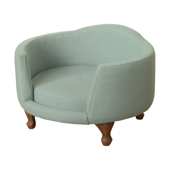 Curved Design Wooden Pet Love Seat With Fabric Upholstery, Light Blue and Brown- Saltoro Sherpi