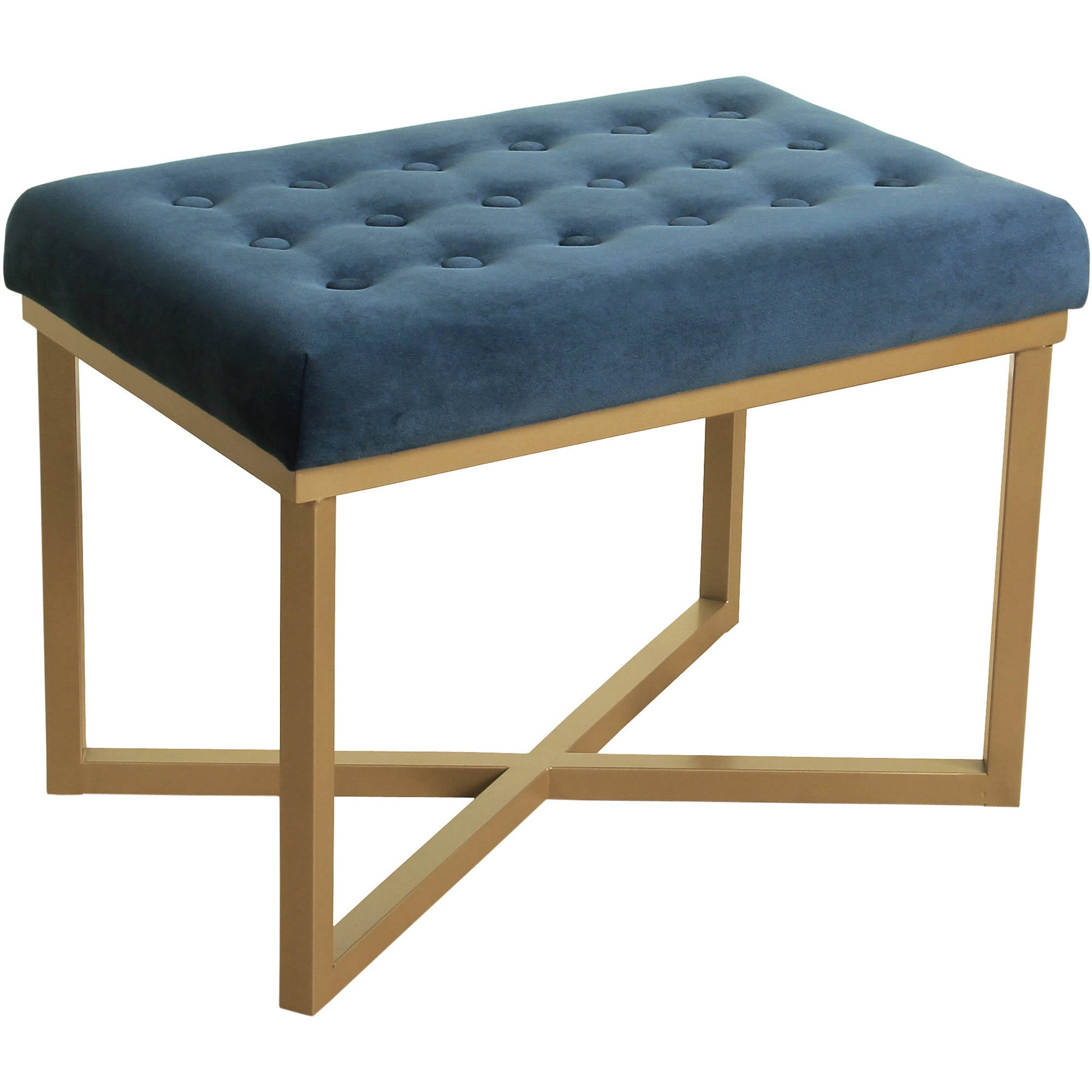 Blue Tufted Velvet Ottoman Bench with Gold Metal Base