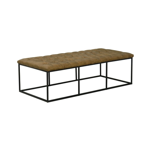 HomePop Draper 58" Large Ottoman with Button Tufting, Light Brown Faux Leather