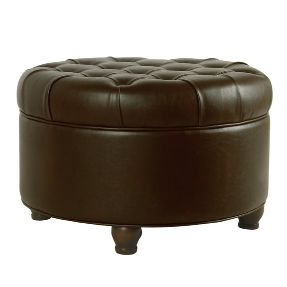 HomePop Large Faux Leather Tufted Round Storage Ottoman-Brown